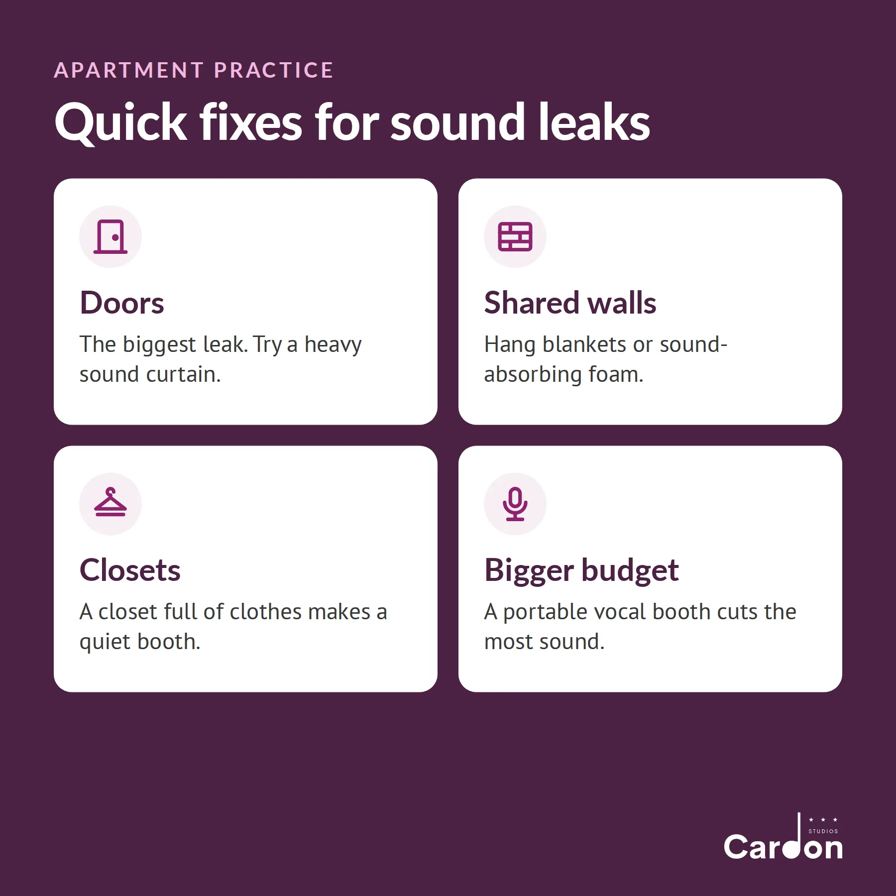 Quick fixes for apartment sound leaks: curtain the door, cover shared walls, sing in a closet, or use a portable vocal booth