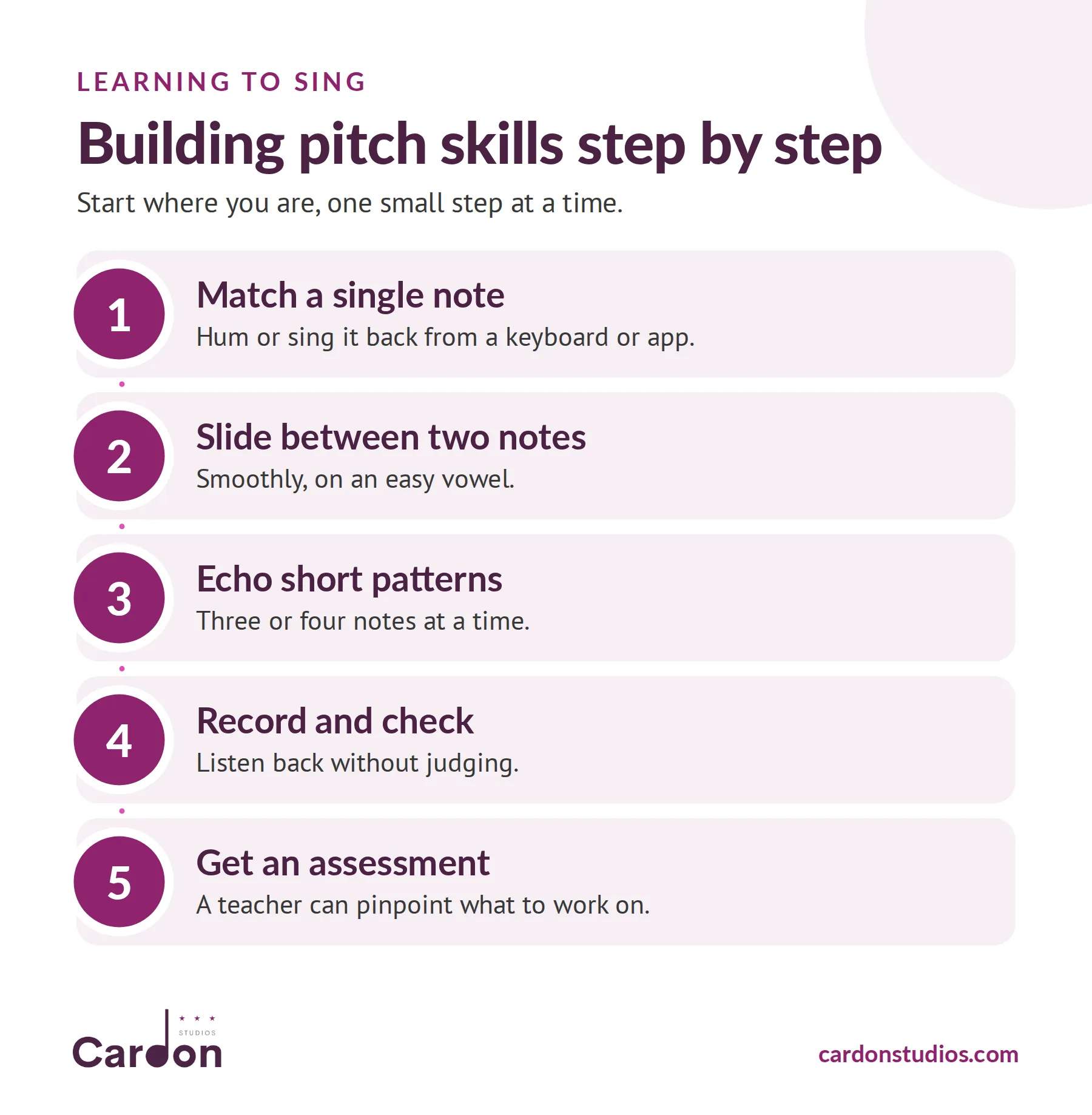 Building pitch skills step by step: match a single note, slide between notes, echo short patterns, record, get an assessment