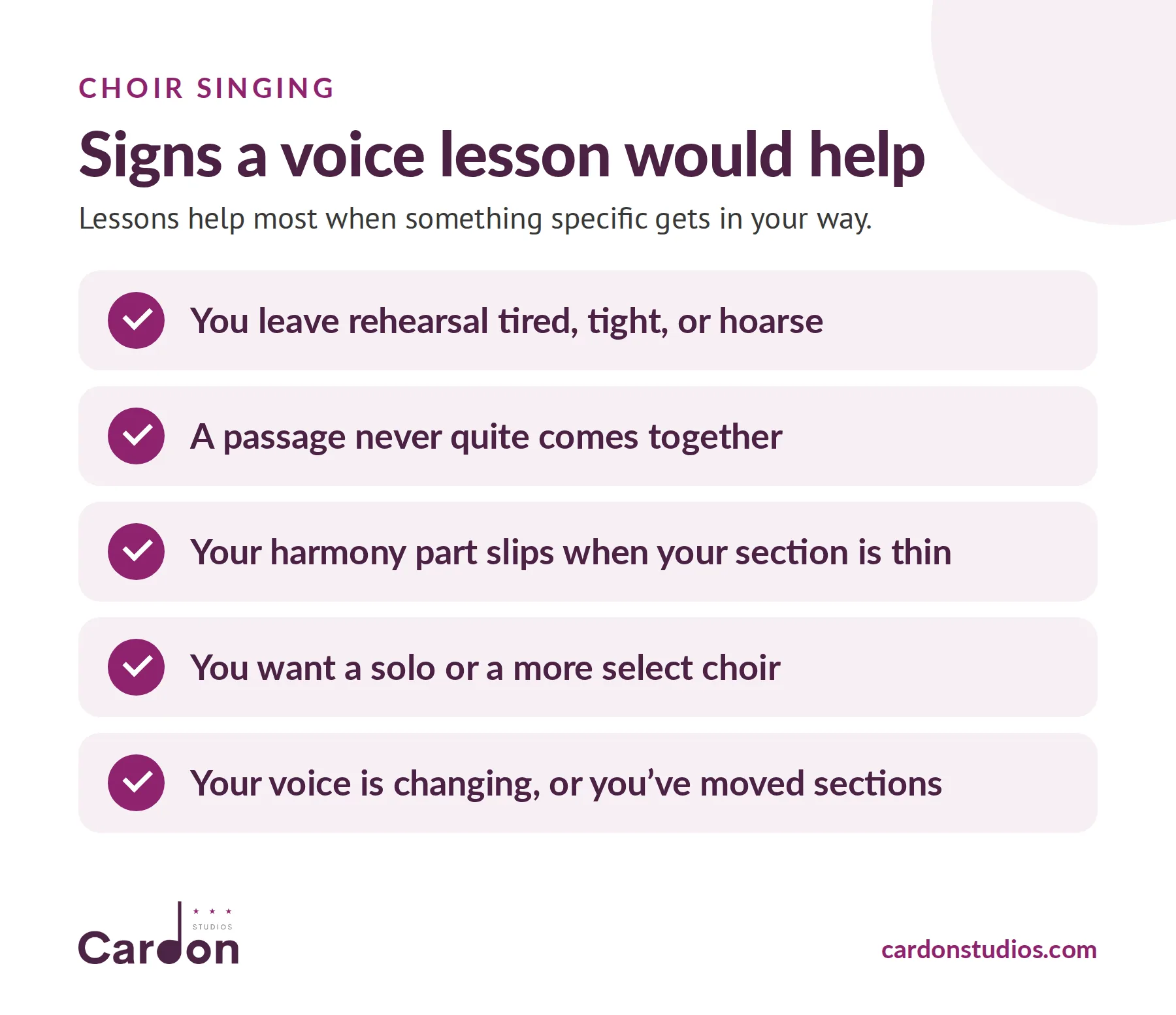 Signs a voice lesson would help a choir singer: tired after rehearsal, a tricky passage, losing your harmony part, a solo