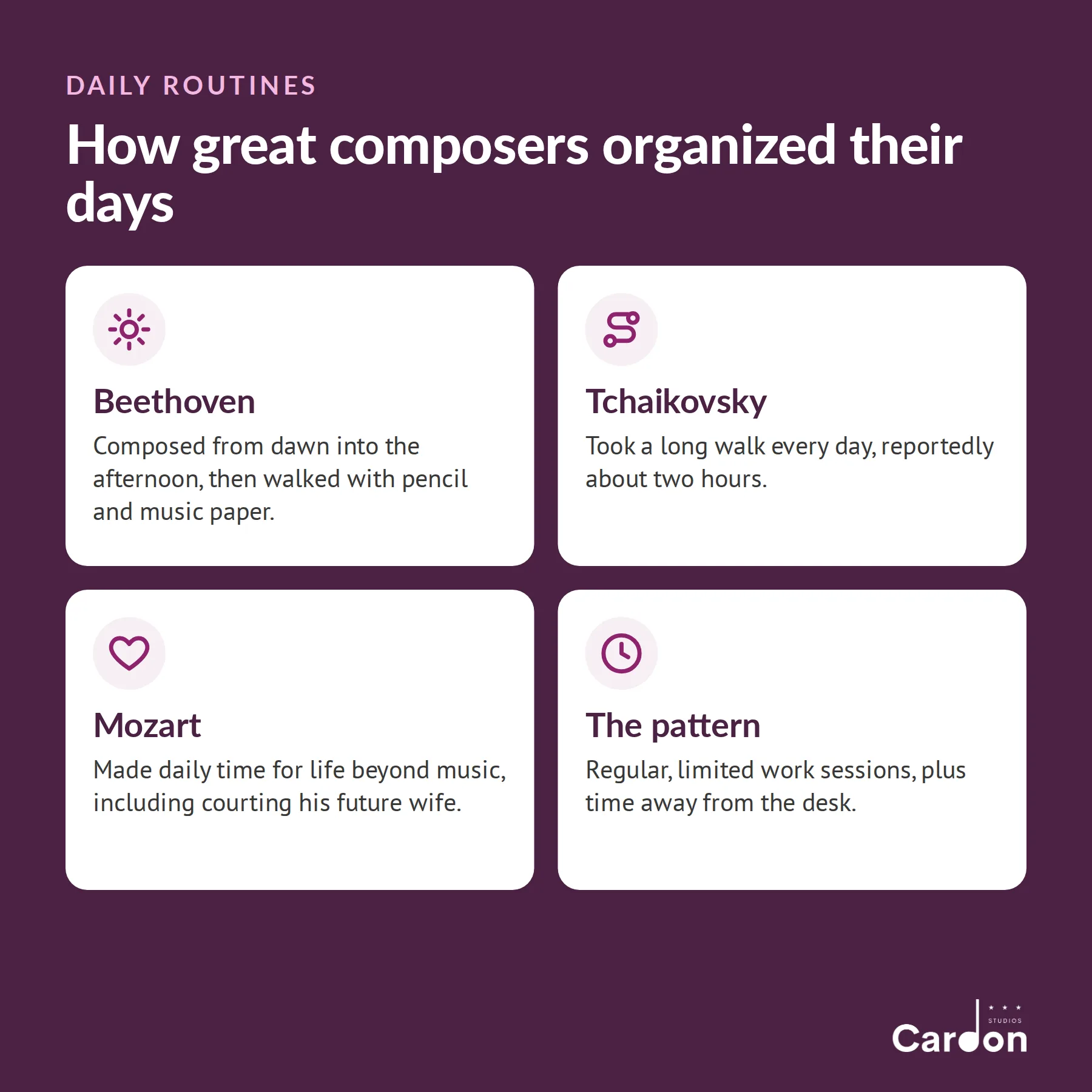 How great composers organized their days: Beethoven's morning work and walks, Tchaikovsky's long daily walk, Mozart's balance
