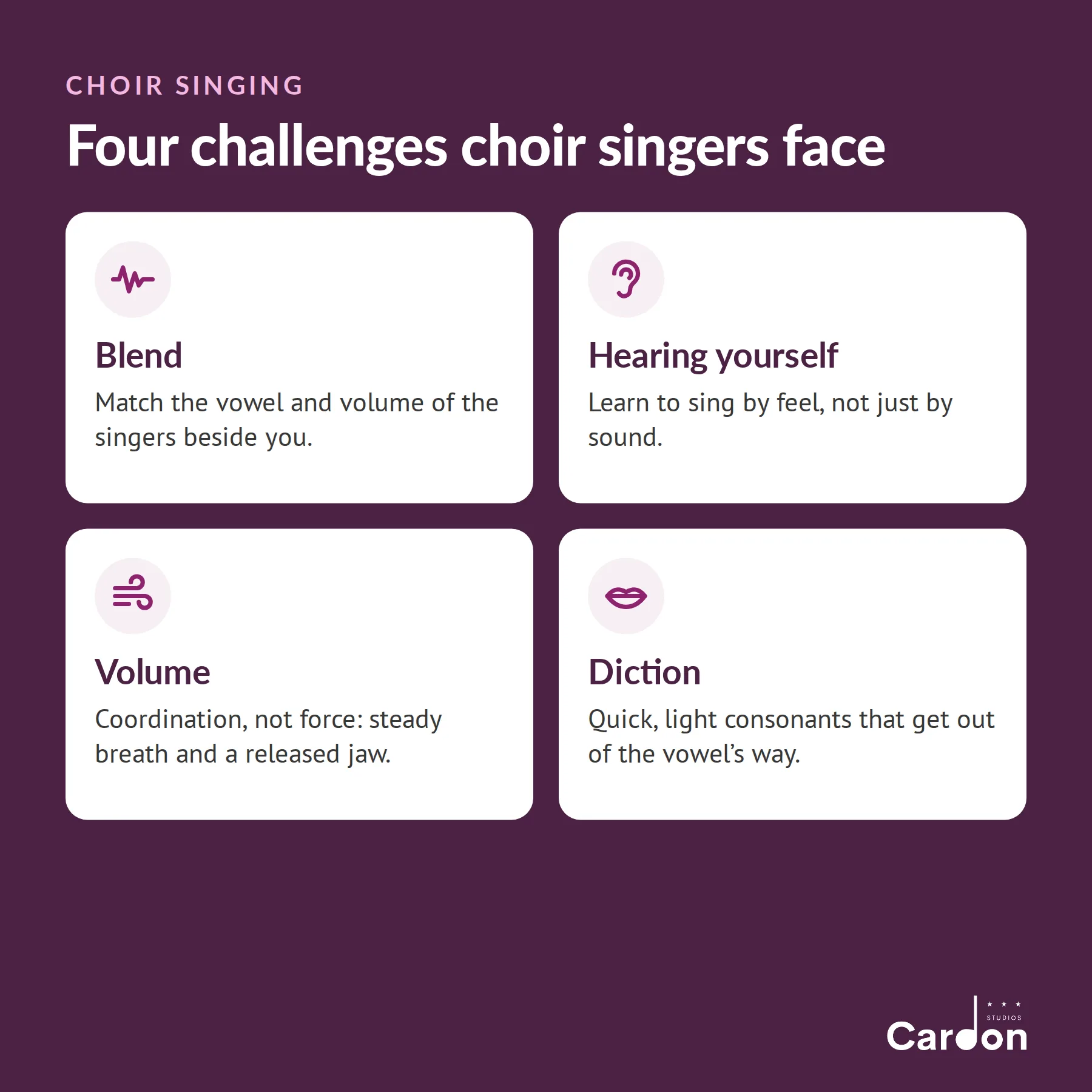 Four challenges choir singers face: blending, hearing yourself, singing out without strain, and clear diction
