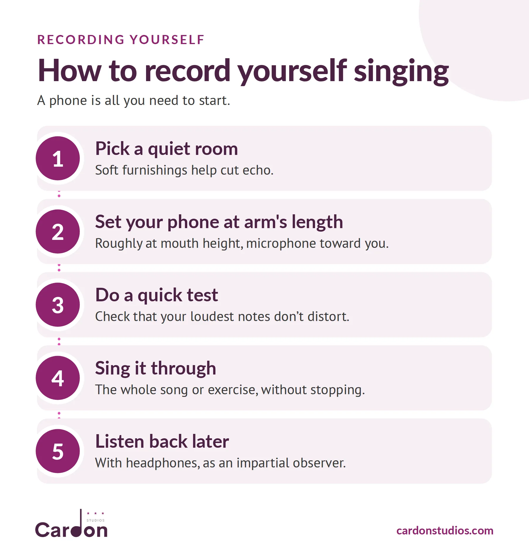 How to record yourself singing in five steps: quiet room, phone at arm's length, quick test, sing it through, listen back