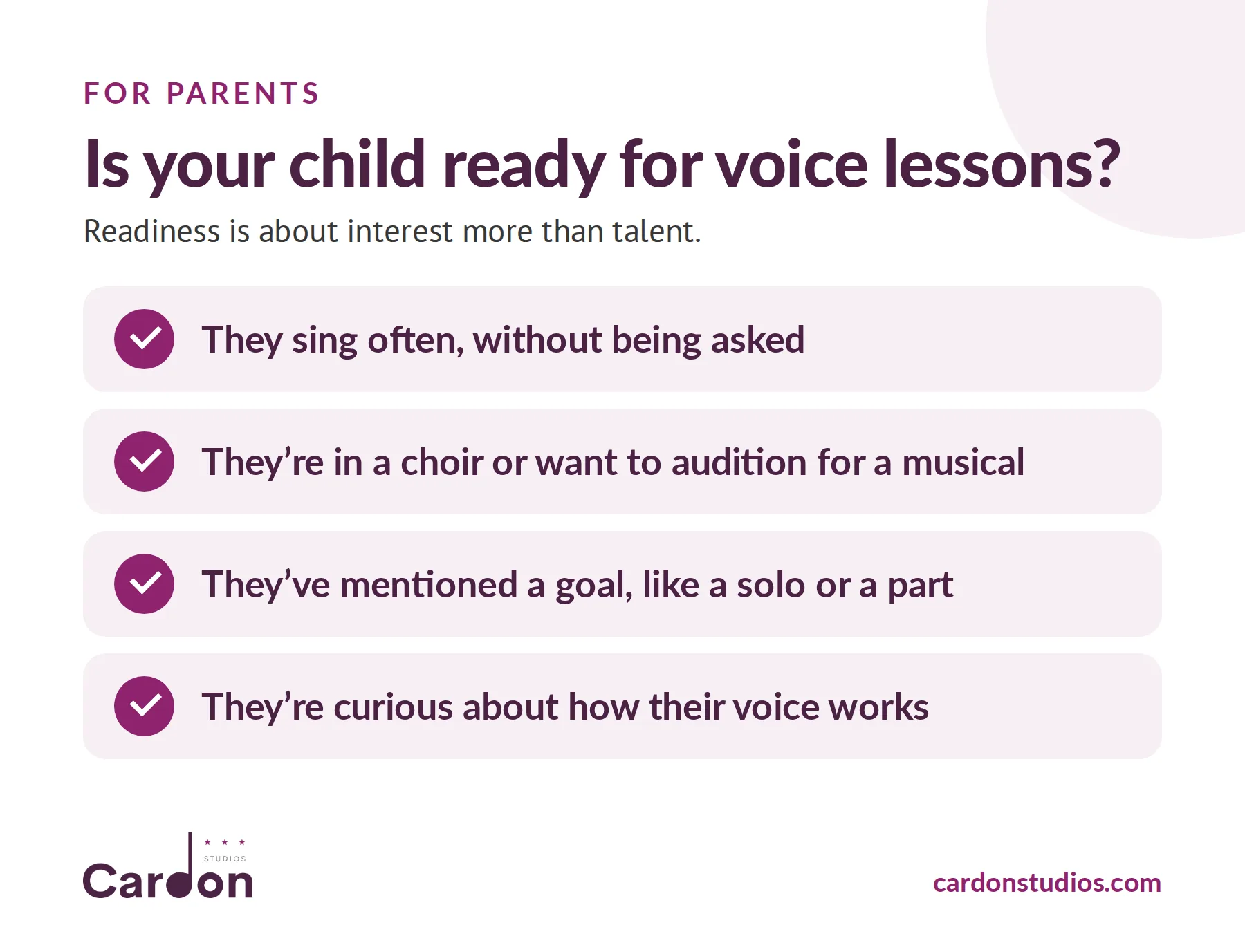 Is your child ready for voice lessons? Signs include singing often, joining a choir or musical, having a goal, and curiosity