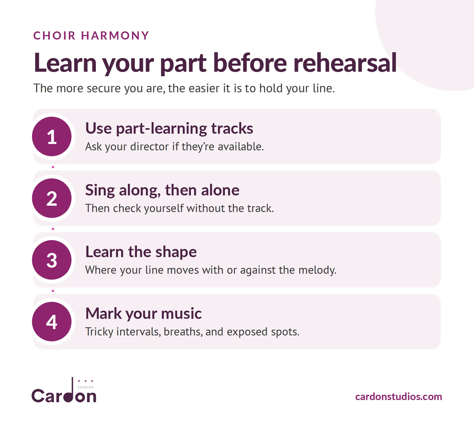 Learn your choir part before rehearsal: use part-learning tracks, sing along then alone, learn the shape, and mark your music