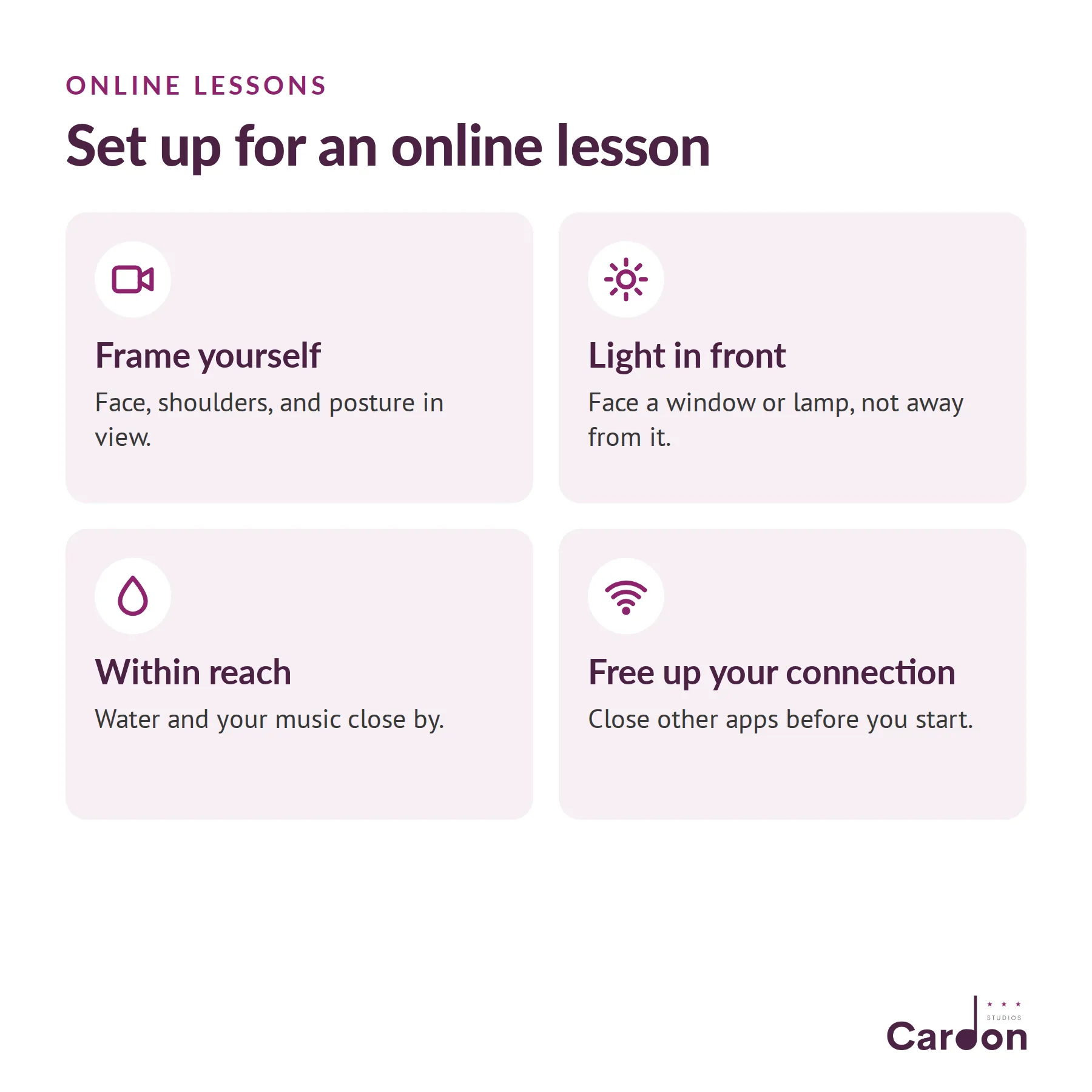 How to set up for an online voice lesson: frame your face and shoulders, light in front, water nearby, close other apps