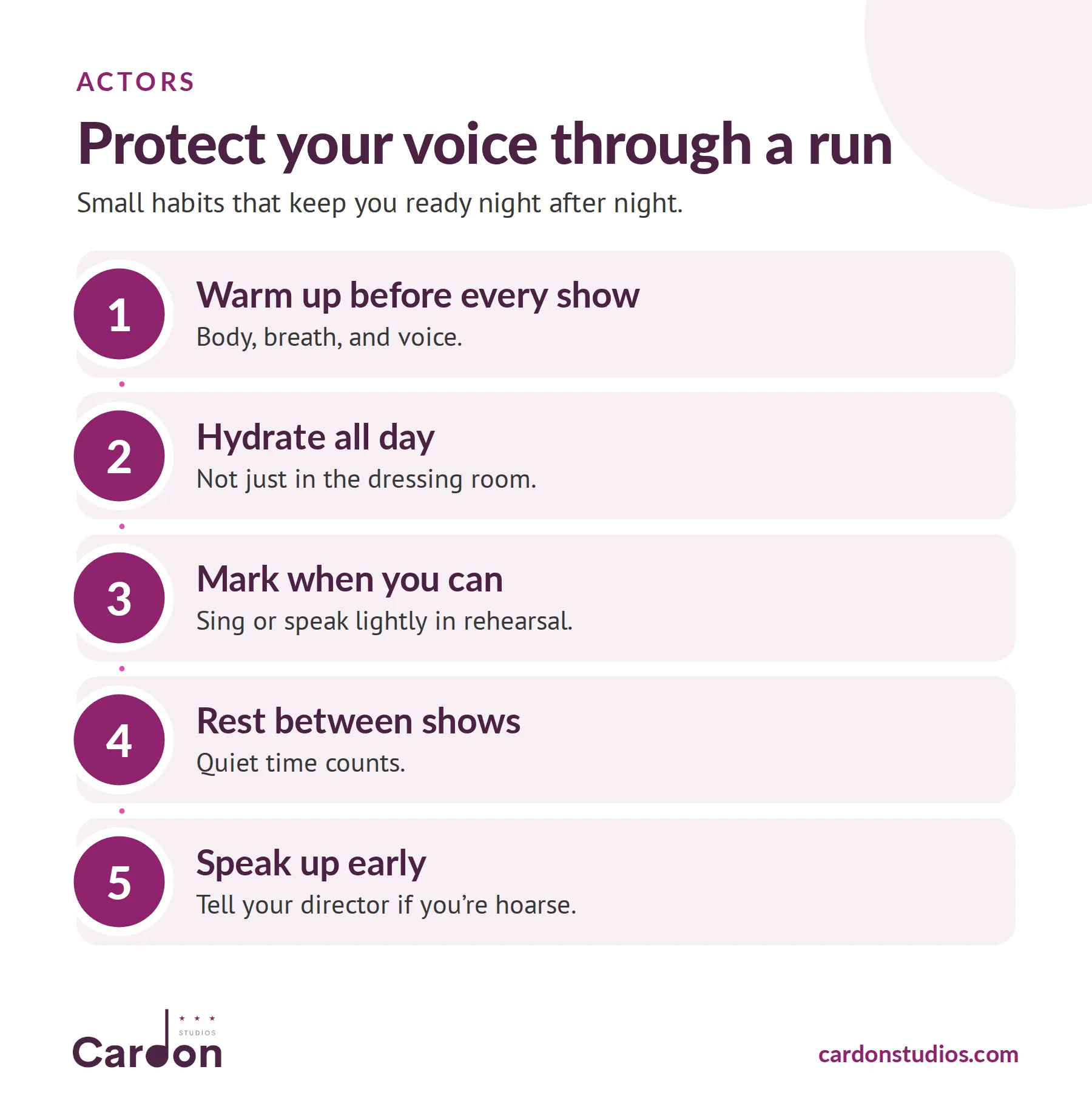 Protect your voice through a run of shows: warm up, hydrate all day, mark when you can, rest between shows, speak up early