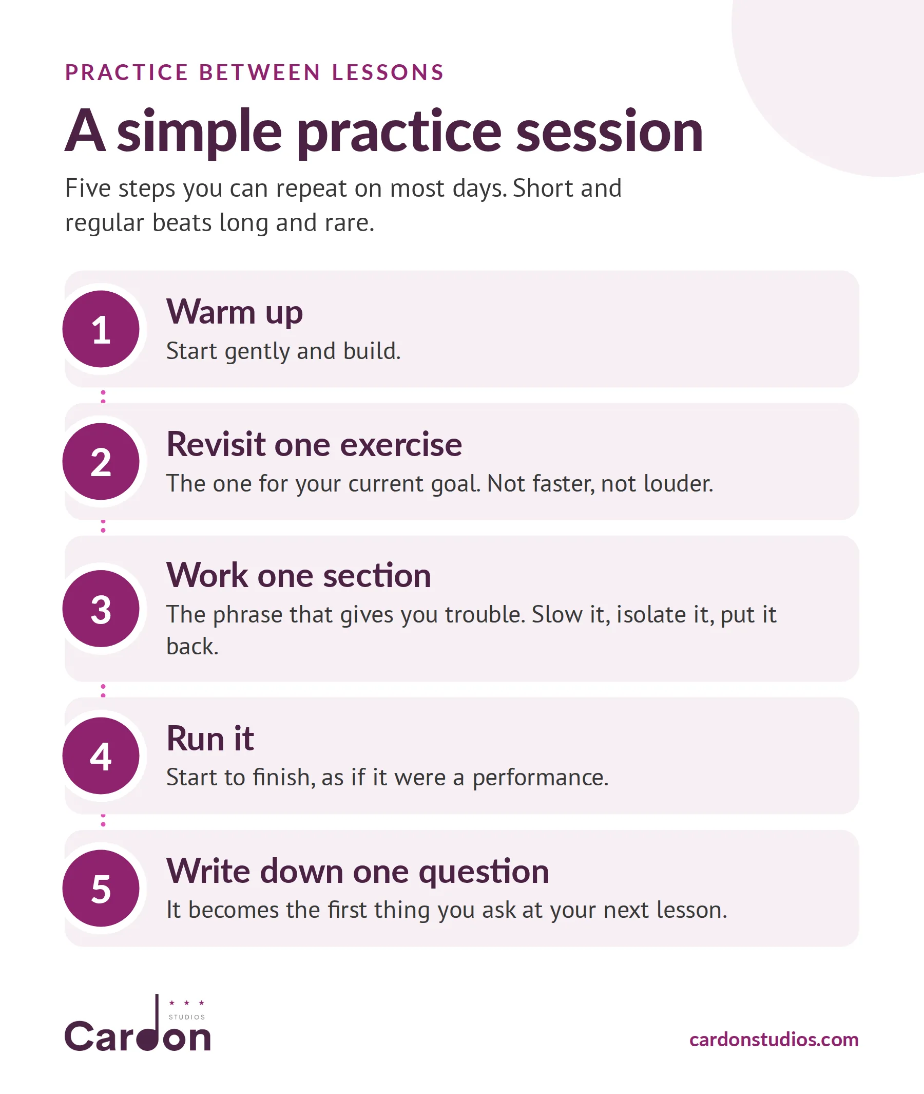 Five-step singing practice session: warm up, revisit one exercise, work one section, run it, write down one question