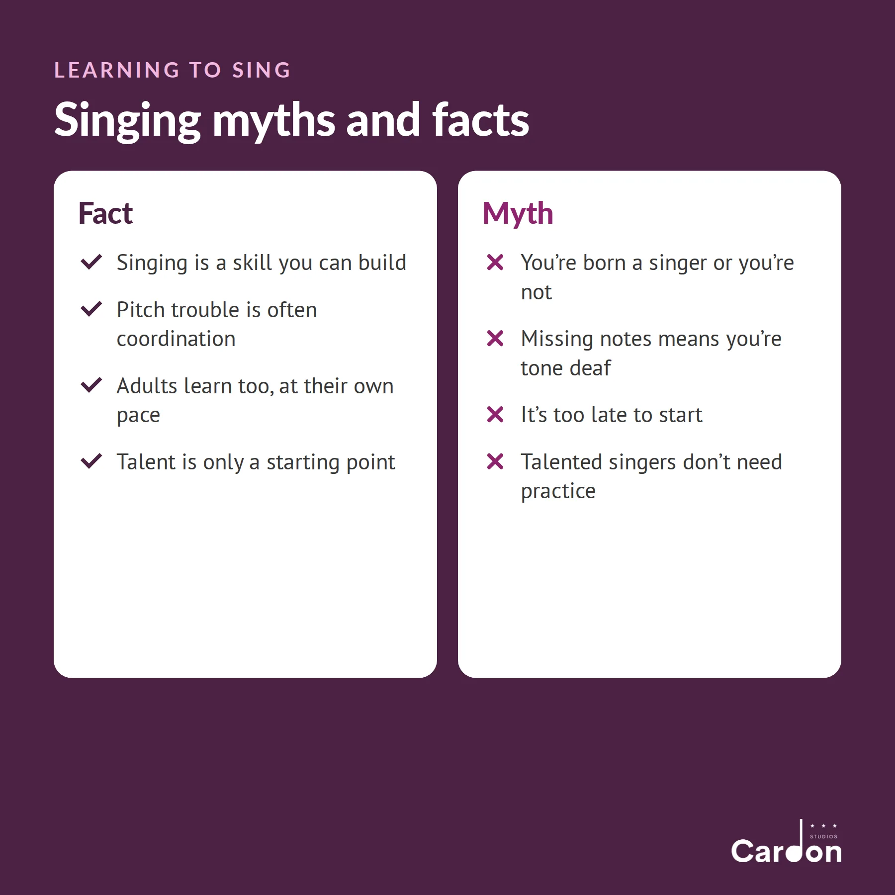 Singing myths and facts: singing is a learnable skill, pitch trouble is often coordination, and adults can learn at any age