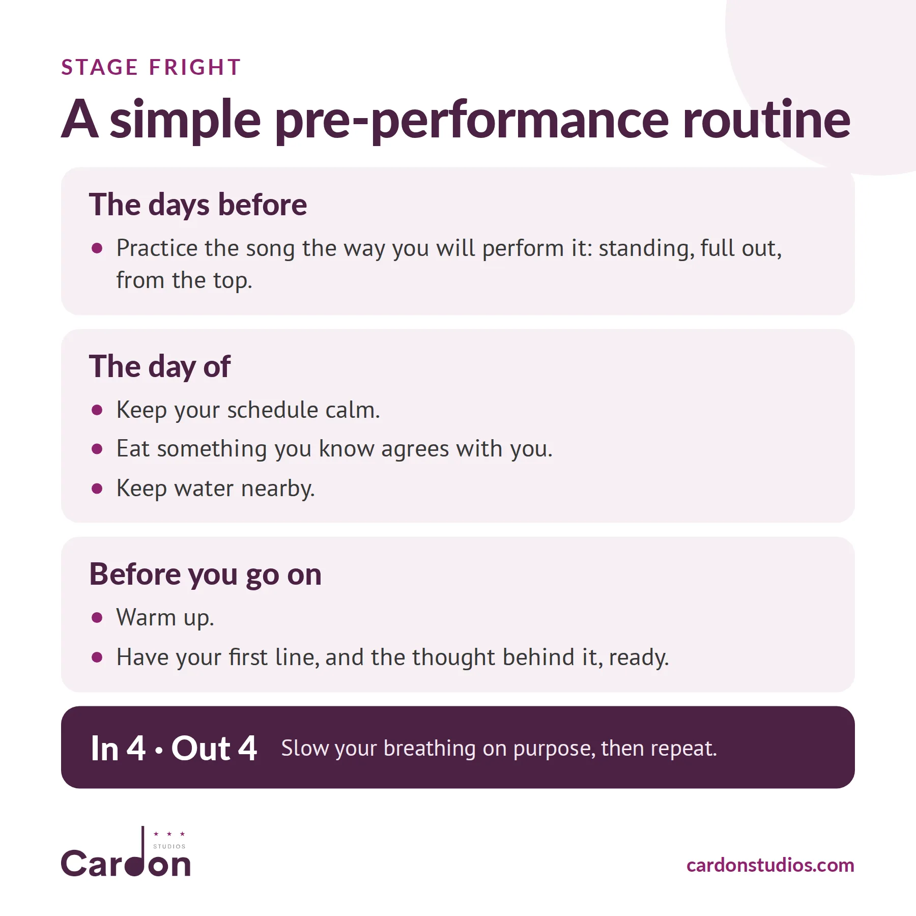 Pre-performance routine for singers: practice full out the days before, stay calm the day of, warm up and breathe before