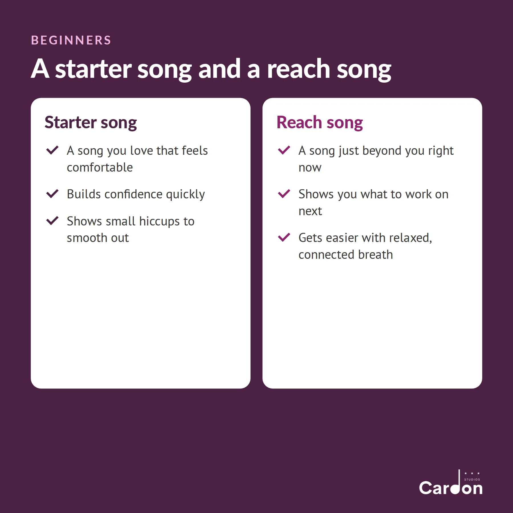 A starter song and a reach song for beginning singers: one comfortable song to build confidence, one that stretches you
