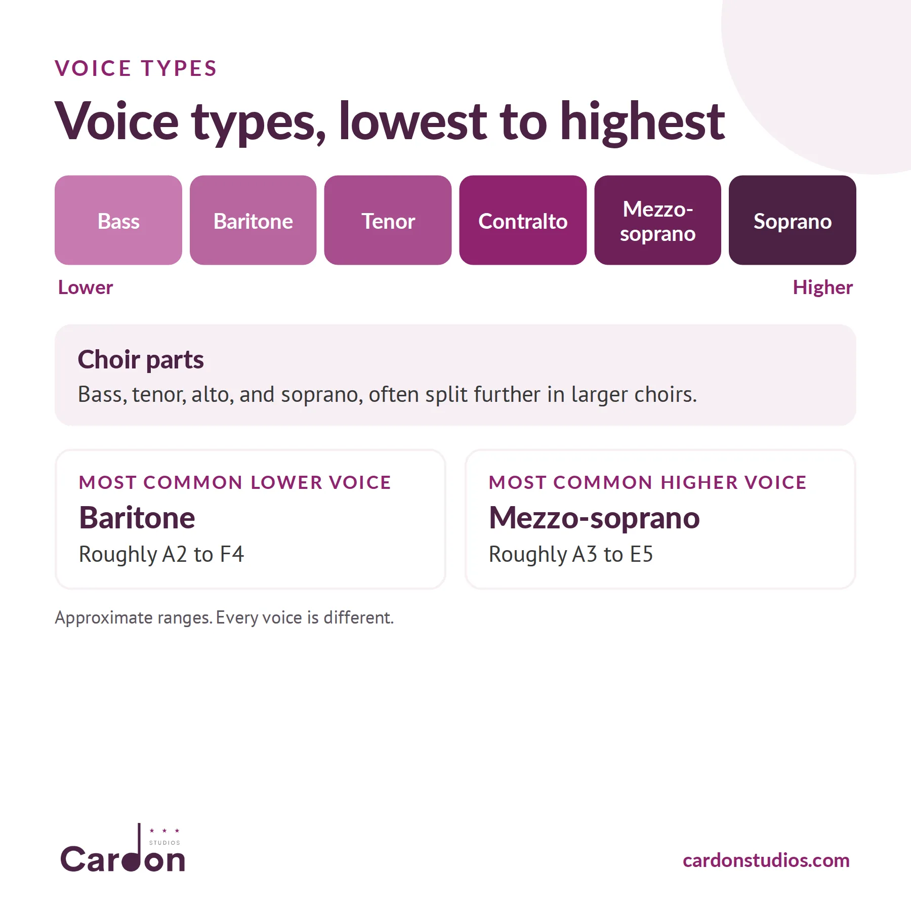 Voice types in order from lowest to highest: bass, baritone, tenor, contralto, mezzo-soprano, soprano, with choir parts