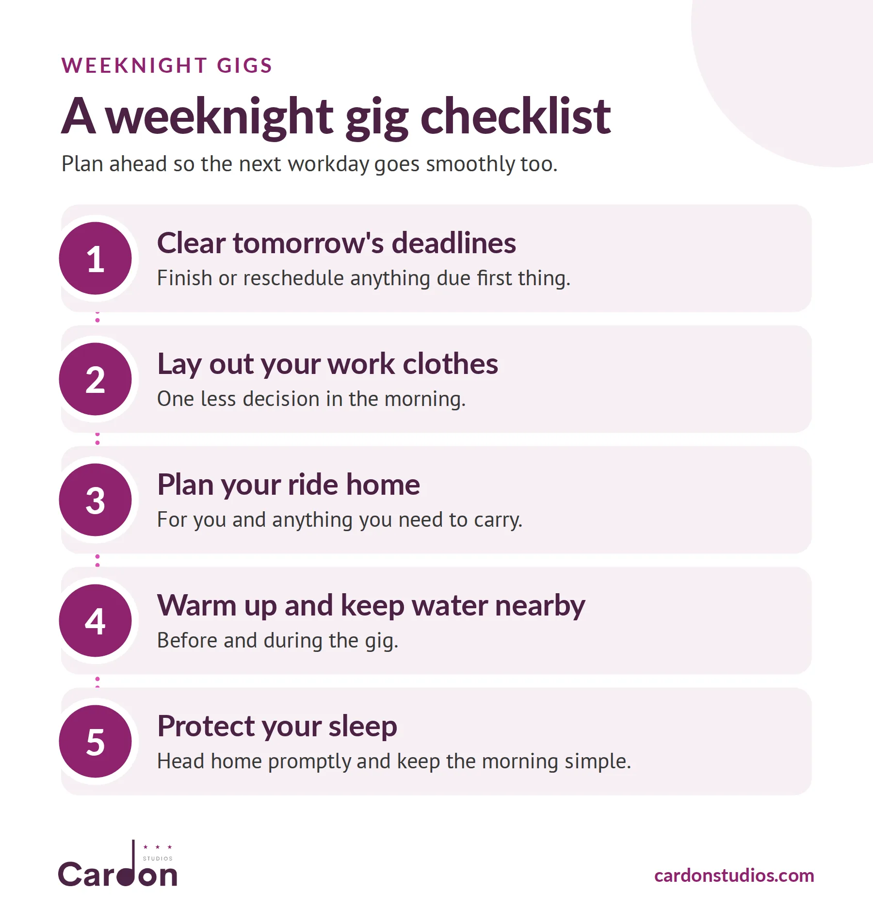 Weeknight gig checklist for singers with day jobs: clear deadlines, lay out clothes, plan your ride, warm up, protect sleep