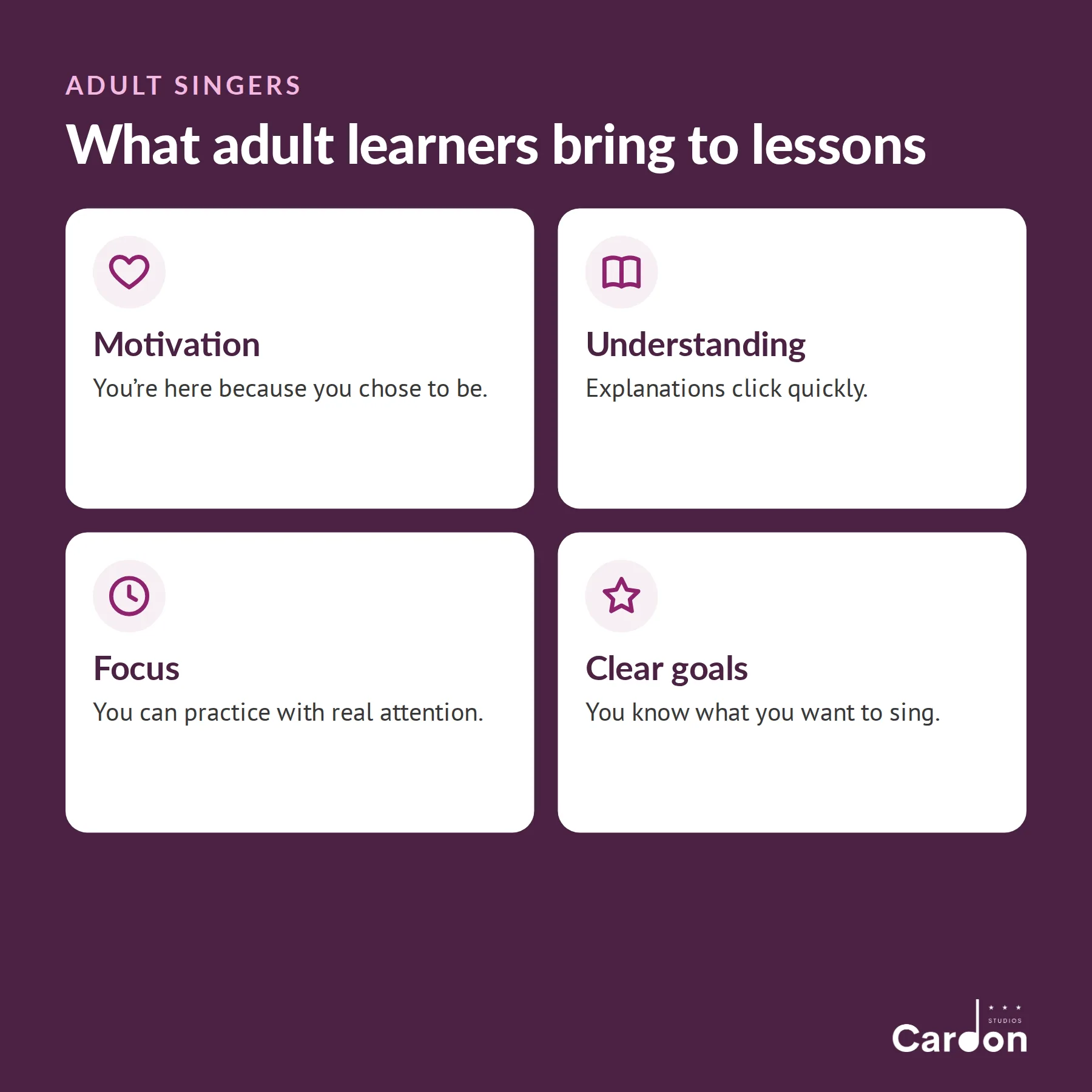 What adult learners bring to voice lessons: motivation, quick understanding of concepts, focus for practice, and clear goals