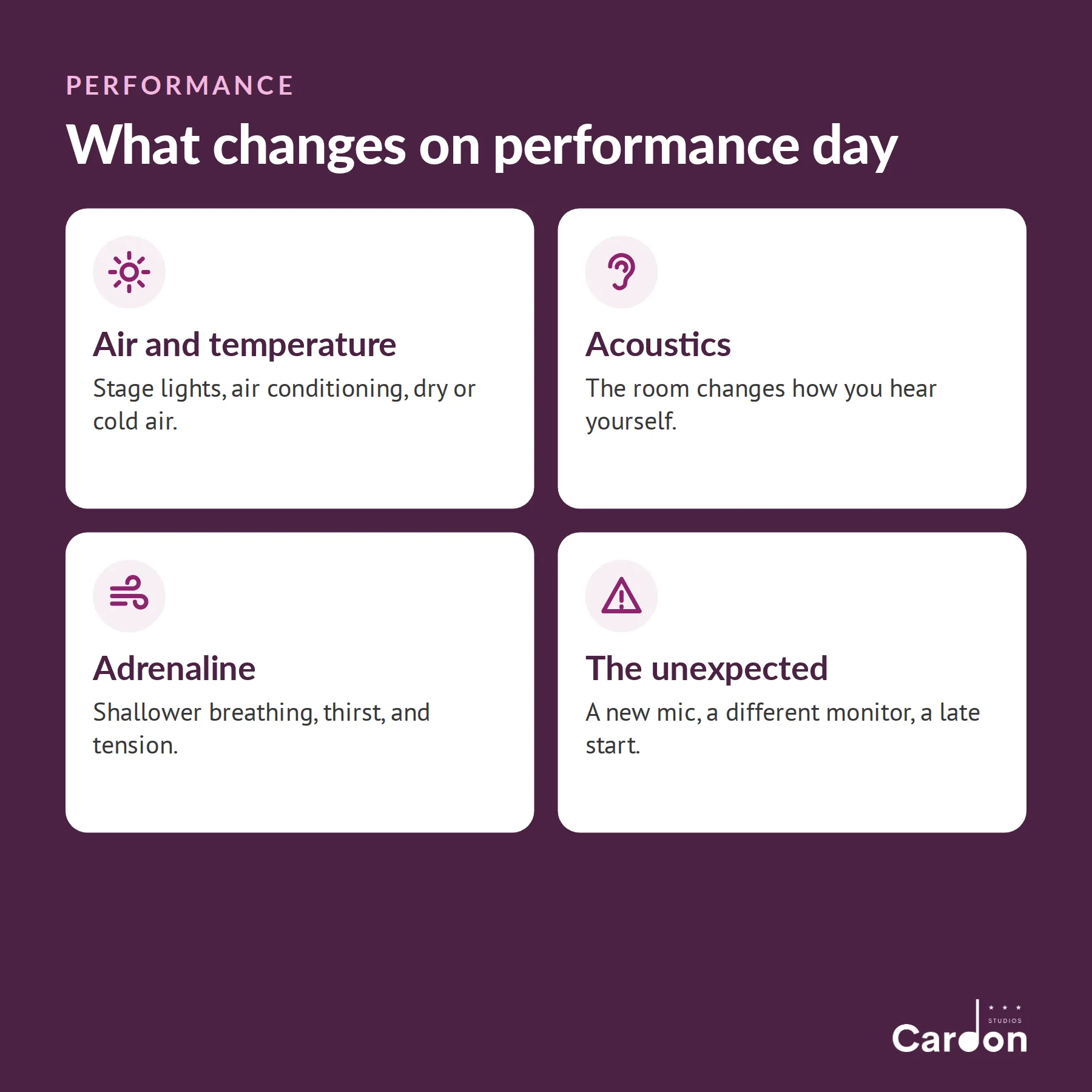 What changes for singers on performance day: air and temperature, room acoustics, adrenaline, and unexpected equipment changes